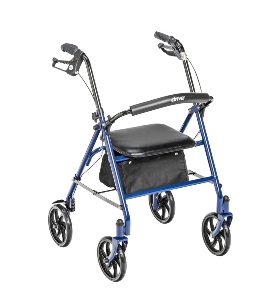 Drive Medical 10257BL-1 4 Wheel Rollator Walker With Seat, Steel Rolling Walker, Height Adjustable, 7.5 Wheels, Removable Back Support, 300 Pound Weight Capacity, Blue Drive Medical Blue Rolling Walker with Seat