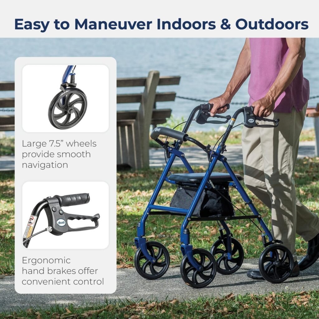Drive Medical 10257BL-1 4 Wheel Rollator Walker With Seat, Steel Rolling Walker, Height Adjustable, 7.5 Wheels, Removable Back Support, 300 Pound Weight Capacity, Blue Drive Medical 10257BL-1 4 Wheel Rollator Walker With Seat, Steel Rolling Walker, Height Adjustable, 7.5 Wheels, Removable Back Support, 300 Pound Weight Capacity, Blue