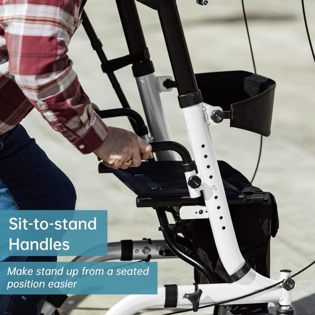 ELENKER Upright Walker, Stand Up Folding Rollator Walker Back Erect Rolling Mobility Walking Aid with Seat, Padded Armrests for Seniors and Adults, White ELENKER Upright Walker, Stand Up Folding Rollator Walker Back Erect Rolling Mobility Walking Aid with Seat, Padded Armrests for Seniors and Adults, White