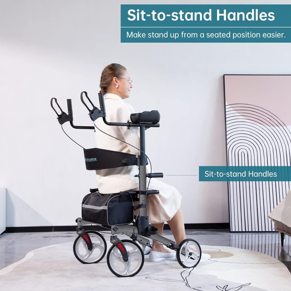 ELENKER Upright Walker, Stand Up Folding Rollator Walker Back Erect Rolling Mobility Walking Aid with Seat, Padded Armrests for Seniors and Adults, White ELENKER Upright Walker, Stand Up Folding Rollator Walker Back Erect Rolling Mobility Walking Aid with Seat, Padded Armrests for Seniors and Adults, White
