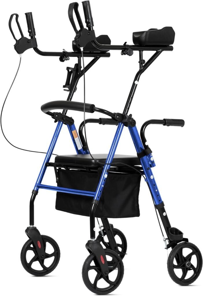 ELENKER Upright Walker, Stand Up Rollator Walker with Padded Seat and Backrest, Lightweight, Compact Folding, Fully Adjustment Frame for Seniors, Blue ELENKER Upright Walker, Stand Up Rollator Walker with Padded Seat and Backrest, Lightweight, Compact Folding, Fully Adjustment Frame for Seniors, Blue