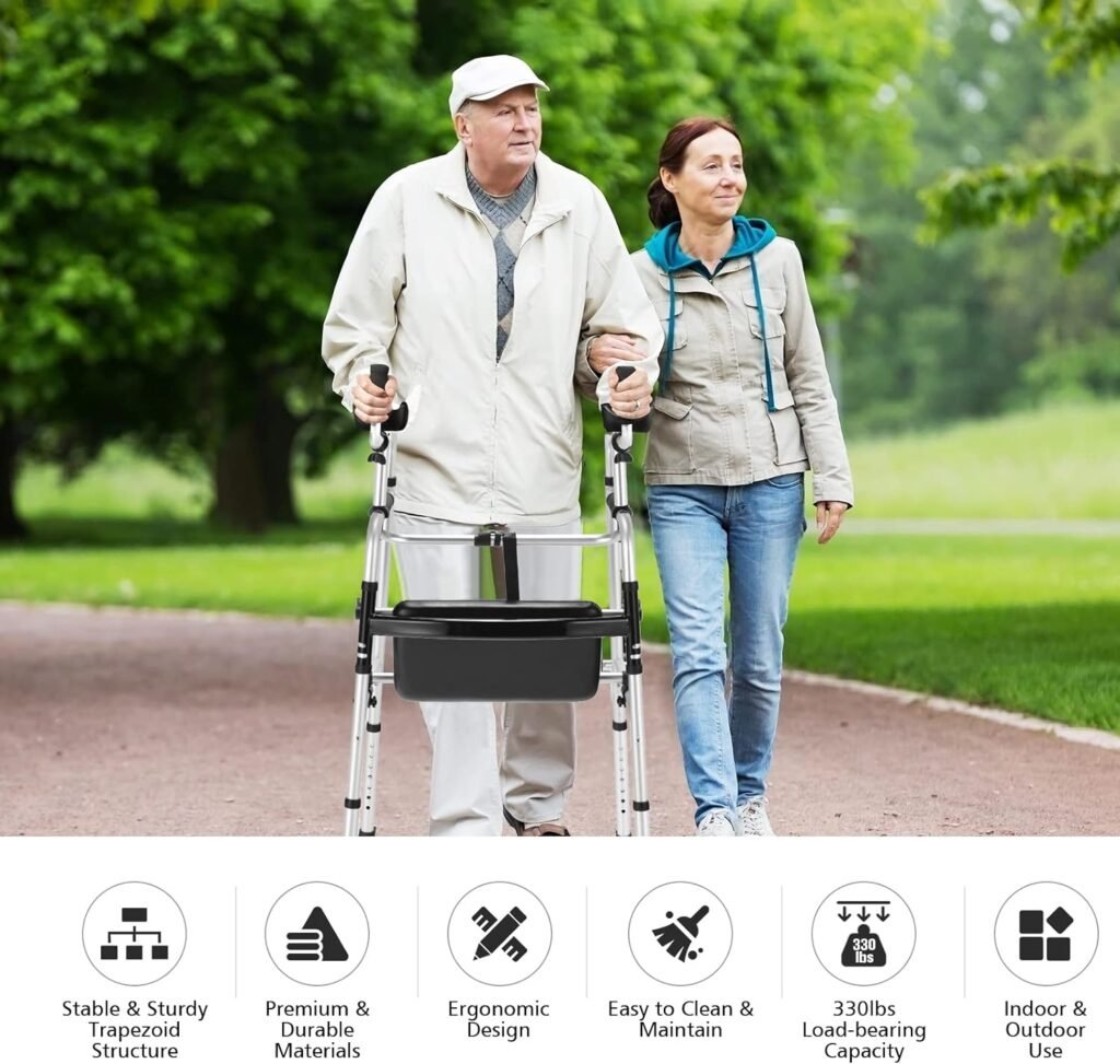 Goplus Folding Walker for Seniors, Lightweight Standard Walker with 5’’ Wheels, Seat and Arm Rest Pad, Height Adjustable Platform Walker, Standing Walking Mobility Aid for Elderly Handicap Disabled Goplus Folding Walker for Seniors, Lightweight Standard Walker with 5’’ Wheels, Seat and Arm Rest Pad, Height Adjustable Platform Walker, Standing Walking Mobility Aid for Elderly Handicap Disabled