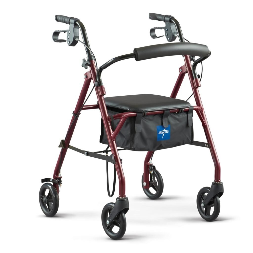 Medline Rollator Walker with Seat, Steel Rolling Walker with 6-inch Wheels Supports up to 350 lbs, Medical Walker, Burgundy best walkers for seniors - Medline Rollator Walker with Seat, Steel Rolling Walker with 6-inch Wheels Supports up to 350 lbs, Medical Walker, Burgundy