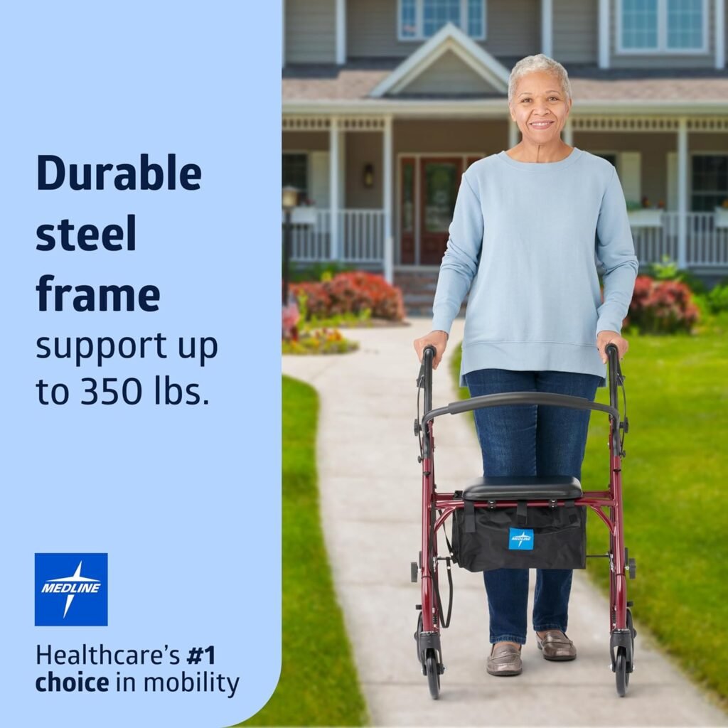 Medline Rollator Walker with Seat, Steel Rolling Walker with 6-inch Wheels Supports up to 350 lbs, Medical Walker, Burgundy Medline Rollator Walker with Seat, Steel Rolling Walker with 6-inch Wheels Supports up to 350 lbs, Medical Walker, Burgundy