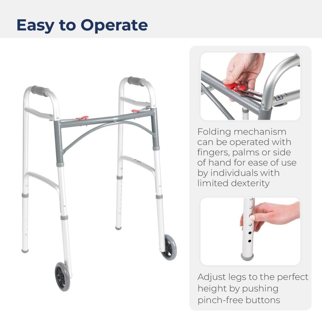 Drive Medical 10210-1 2-Button Folding Walker with Wheels, Rolling Walker, Front Wheel Walker, Lightweight Walkers for Seniors and Adults Weighing Up To 350 Pounds, Adjustable Height, Silver