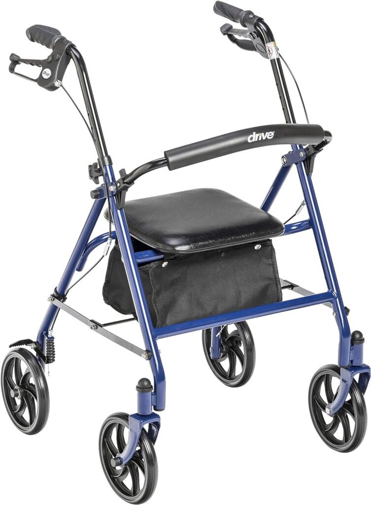 Drive Medical 10257BL-1 4 Wheel Rollator Walker With Seat, Steel Rolling Walker, Height Adjustable, 7.5 Wheels, Removable Back Support, 300 Pound Weight Capacity, Blue