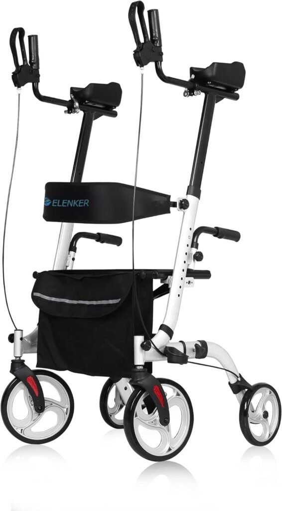 ELENKER Upright Walker Review - Stand Up Folding Rollator Walker Back Erect Rolling Mobility Walking Aid with Seat, Padded Armrests for Seniors and Adults, White